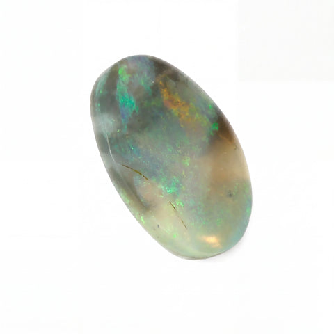 A polished oval cabochon gemstone with a natural opal pattern, displaying iridescent flashes of green, blue, and gold over a grey and brown base, set against a plain white background.