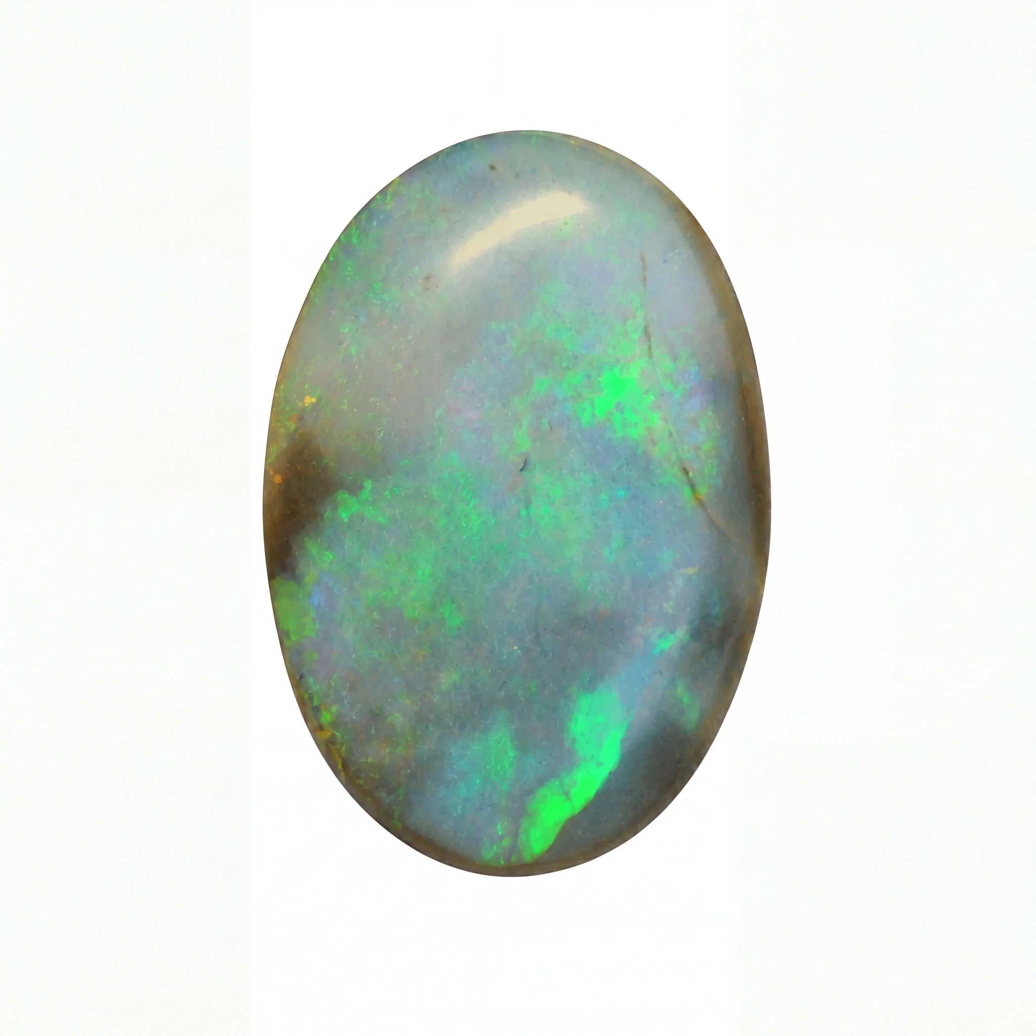 A polished oval cabochon gemstone showing a play-of-colour pattern with vibrant green, blue, and grey tones on a white background.