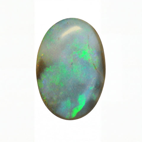 A polished oval cabochon gemstone showing a play-of-colour pattern with vibrant green, blue, and grey tones on a white background.