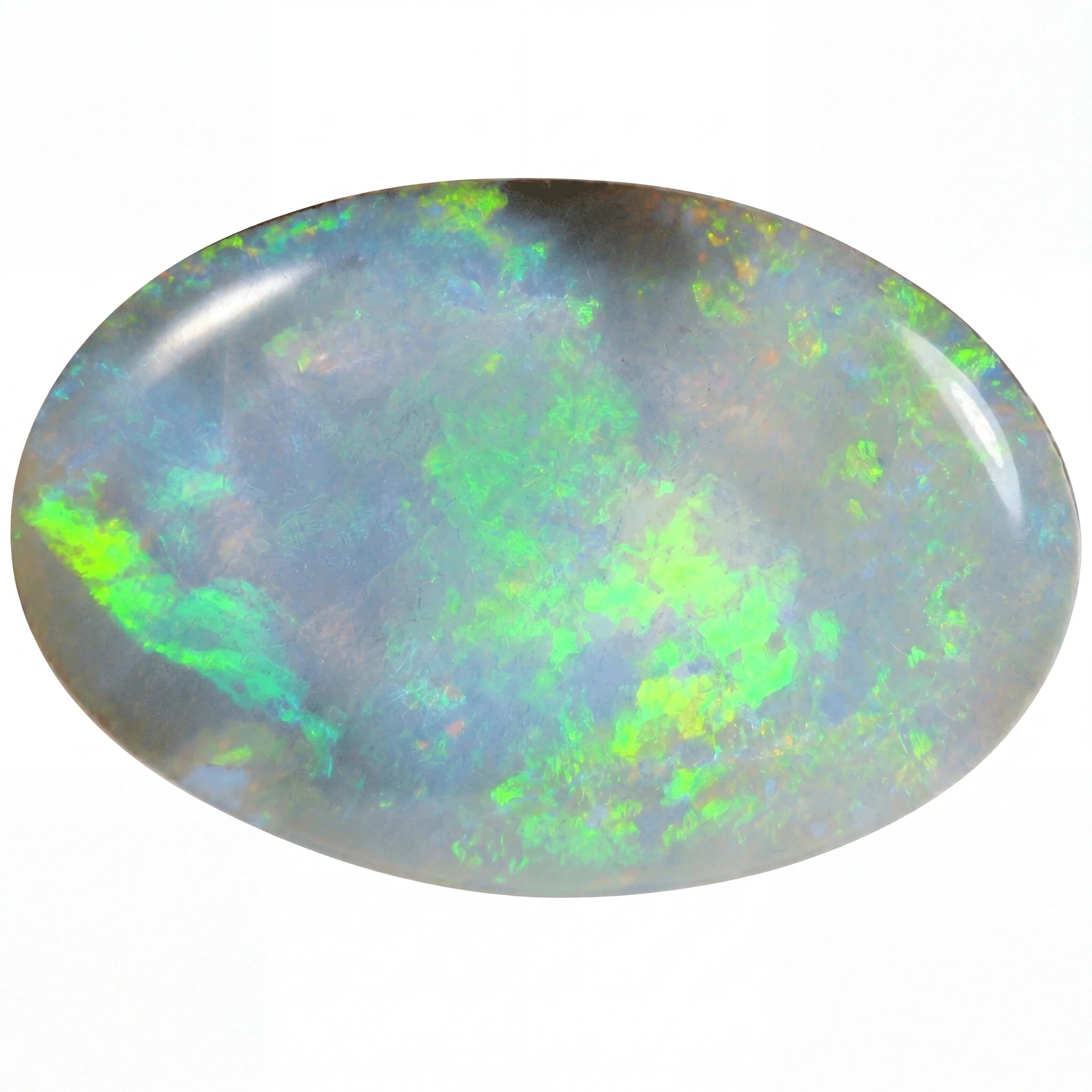 Oval-shaped opal gemstone with green and blue fluorescence on a white background