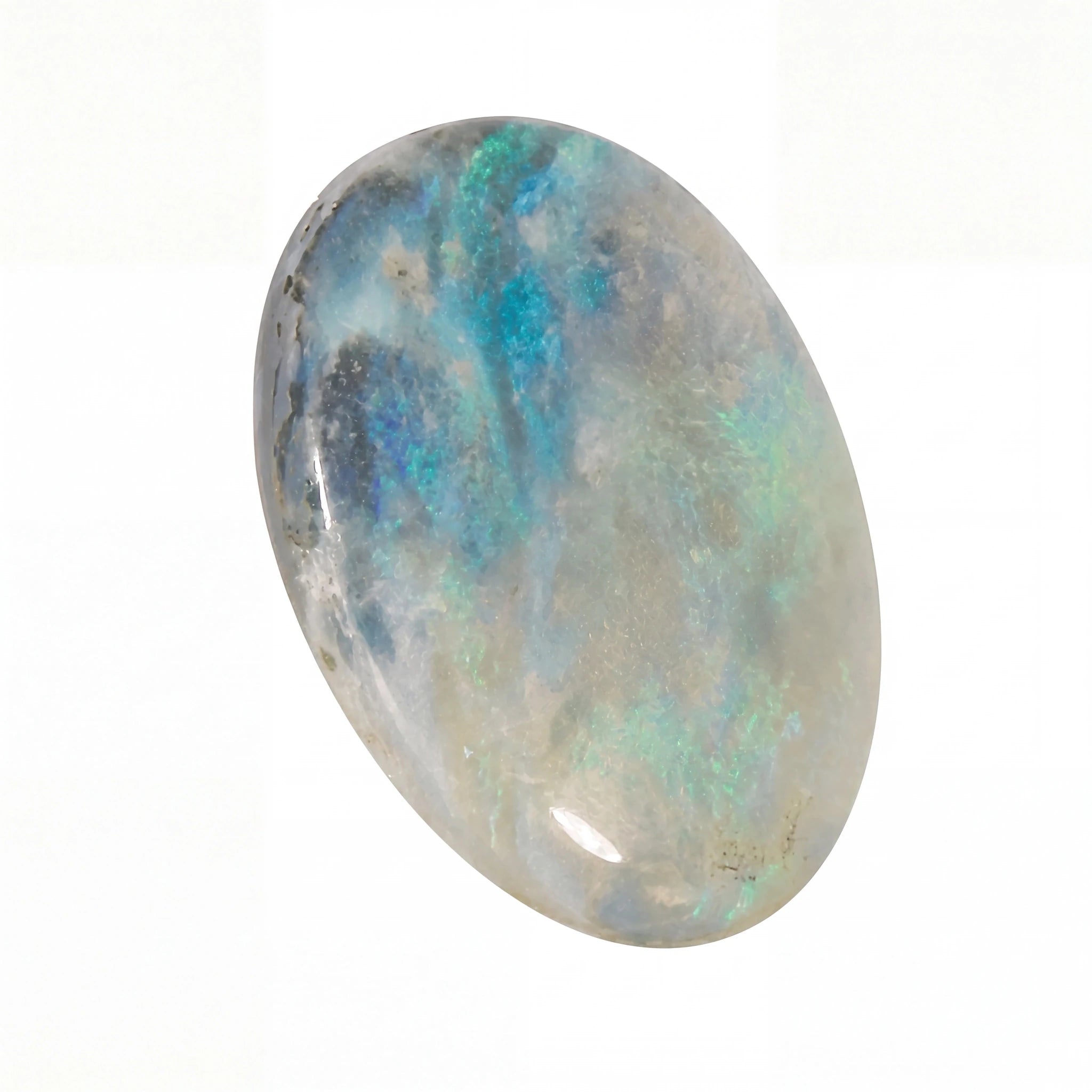 A polished oval cabochon gemstone featuring a marbled pattern of blue, green, grey, and white, photographed against a clean white background.