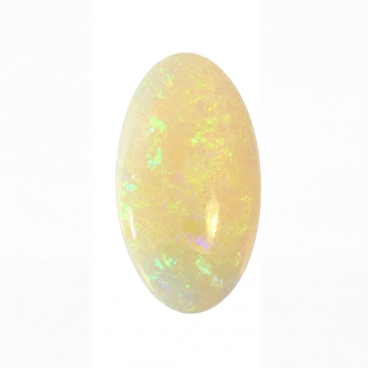 A polished oval cabochon gemstone with a creamy white base and vibrant iridescent flashes of green, blue, and yellow, set against a plain white background.