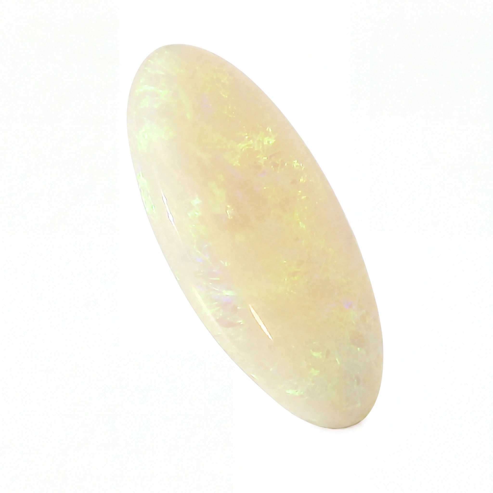A polished oval cabochon gemstone with a creamy white to pale yellow body and subtle iridescent flashes of green and blue, shown on a plain white background.