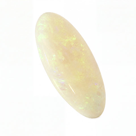 A polished oval cabochon gemstone with a creamy white to pale yellow body and subtle iridescent flashes of green and blue, shown on a plain white background.