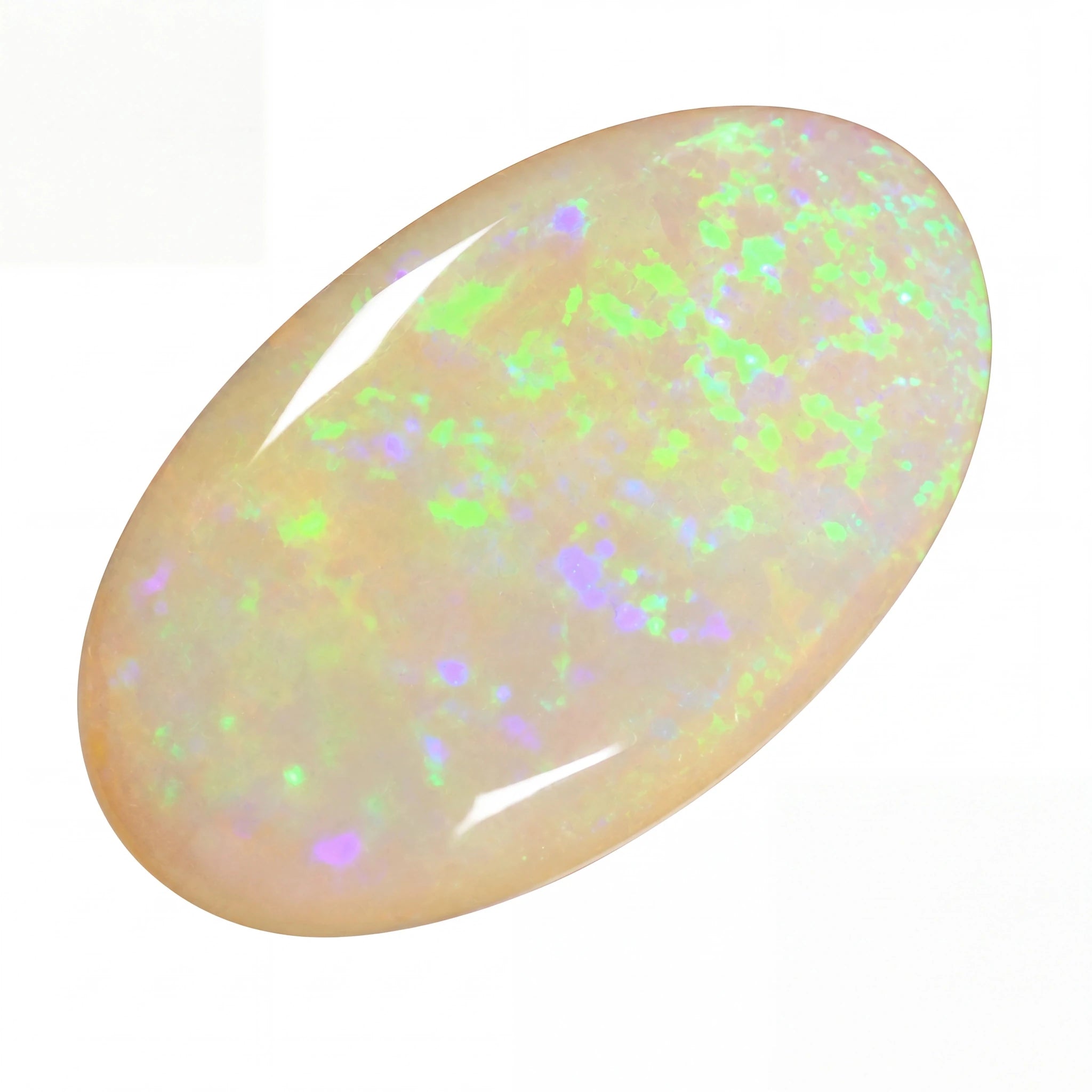Opal ring with multicoloured speckles on a white background