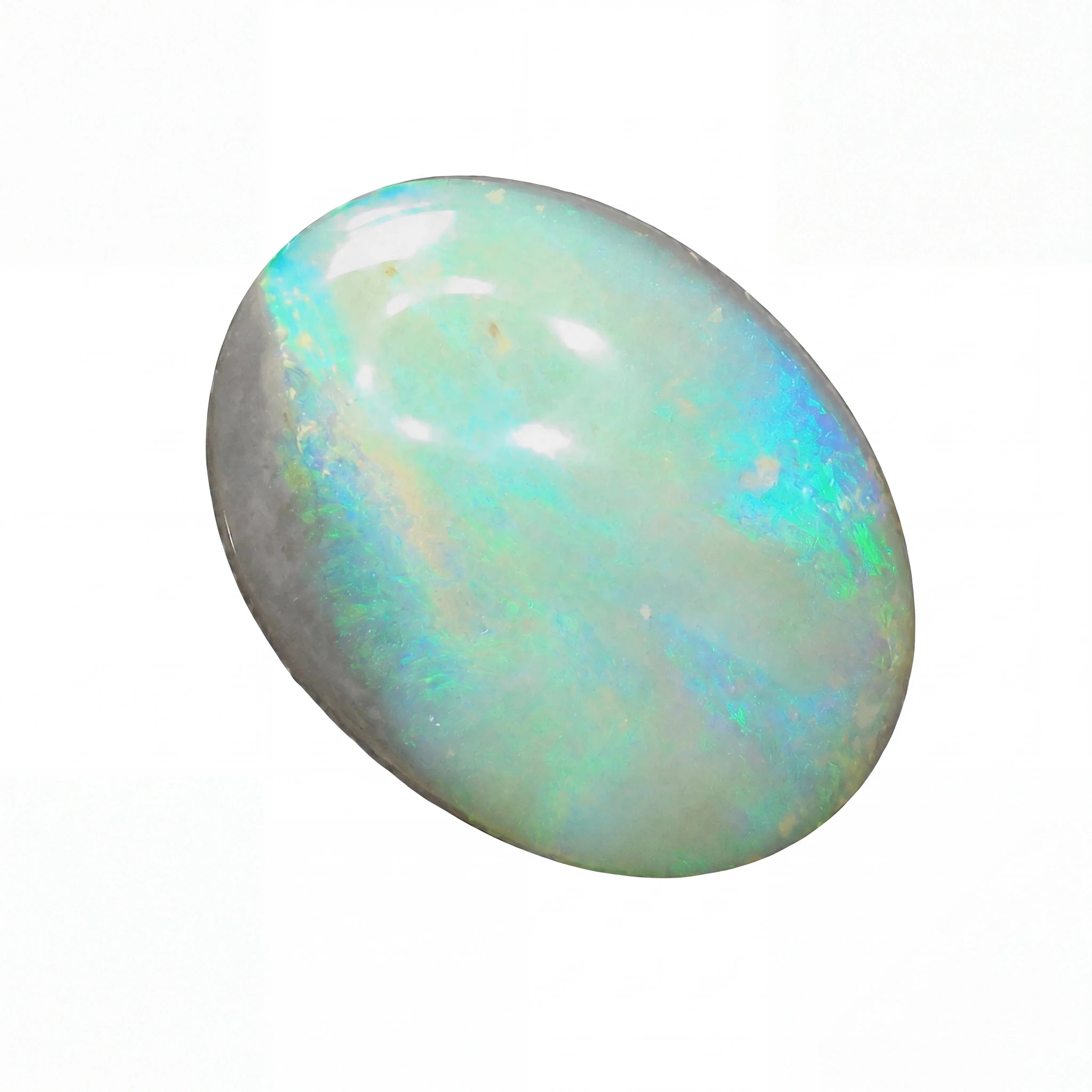 Opal gemstone with multicolour play on a white background