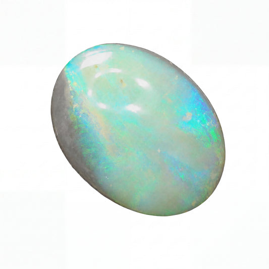Opal gemstone with multicolour play on a white background