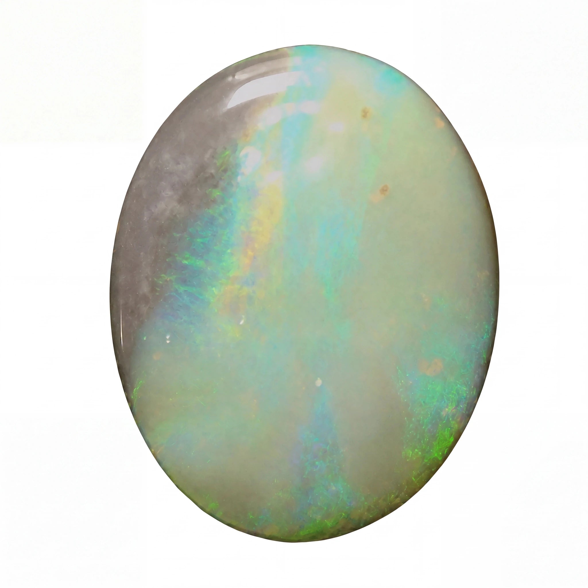 A polished oval cabochon gemstone showing a play-of-colour pattern with green, blue, yellow, and grey iridescence on a white background.