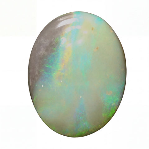 A polished oval cabochon gemstone showing a play-of-colour pattern with green, blue, yellow, and grey iridescence on a white background.