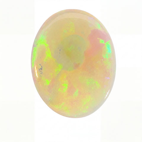 Opal stone with colourful play of light on a white background