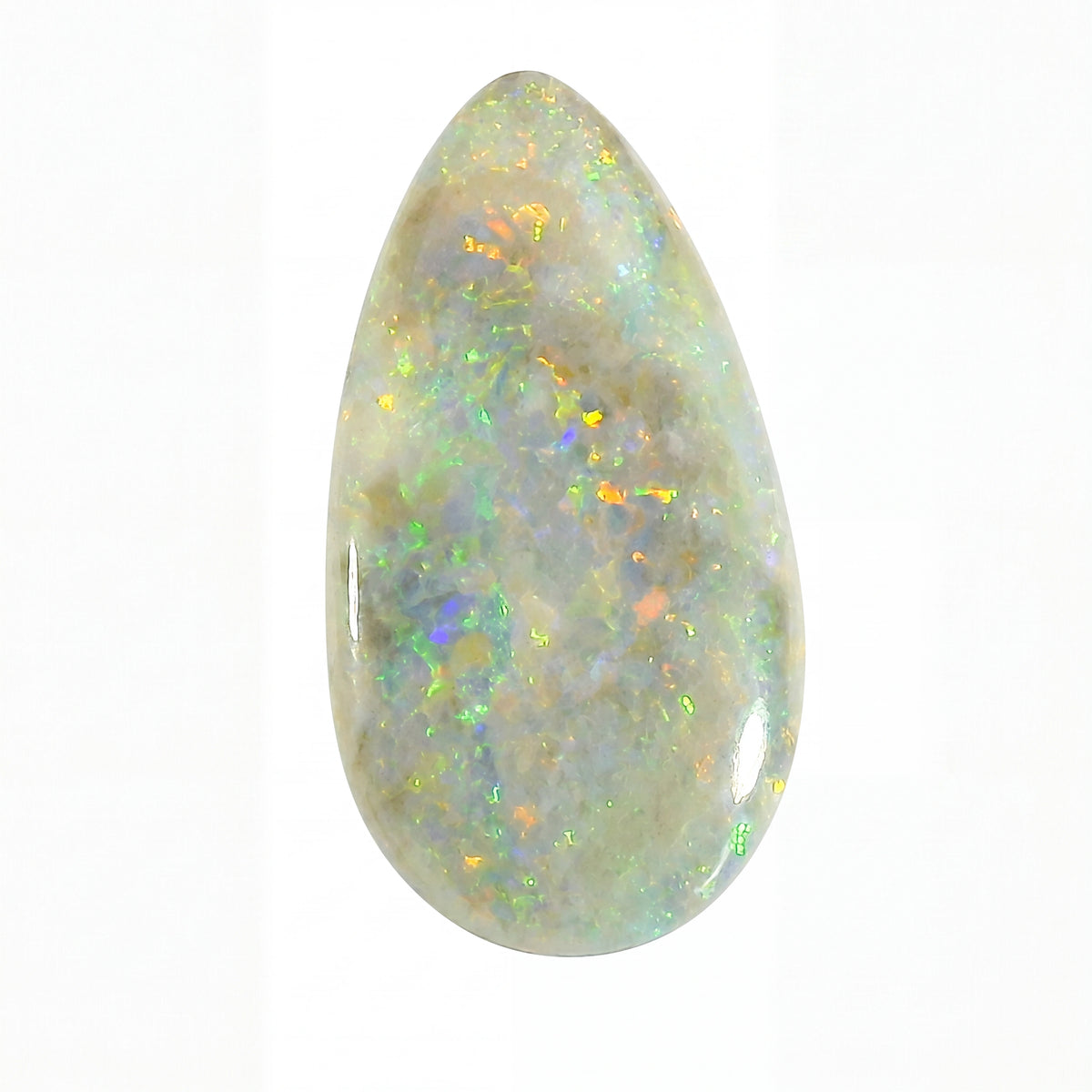 Opal stone with multicoloured flashes on a white background