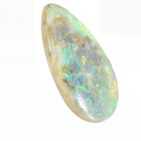 Opal stone with multicoloured play of light on a white background