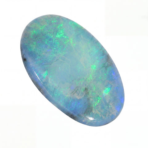 Opal stone with multicoloured play of colours on a white background