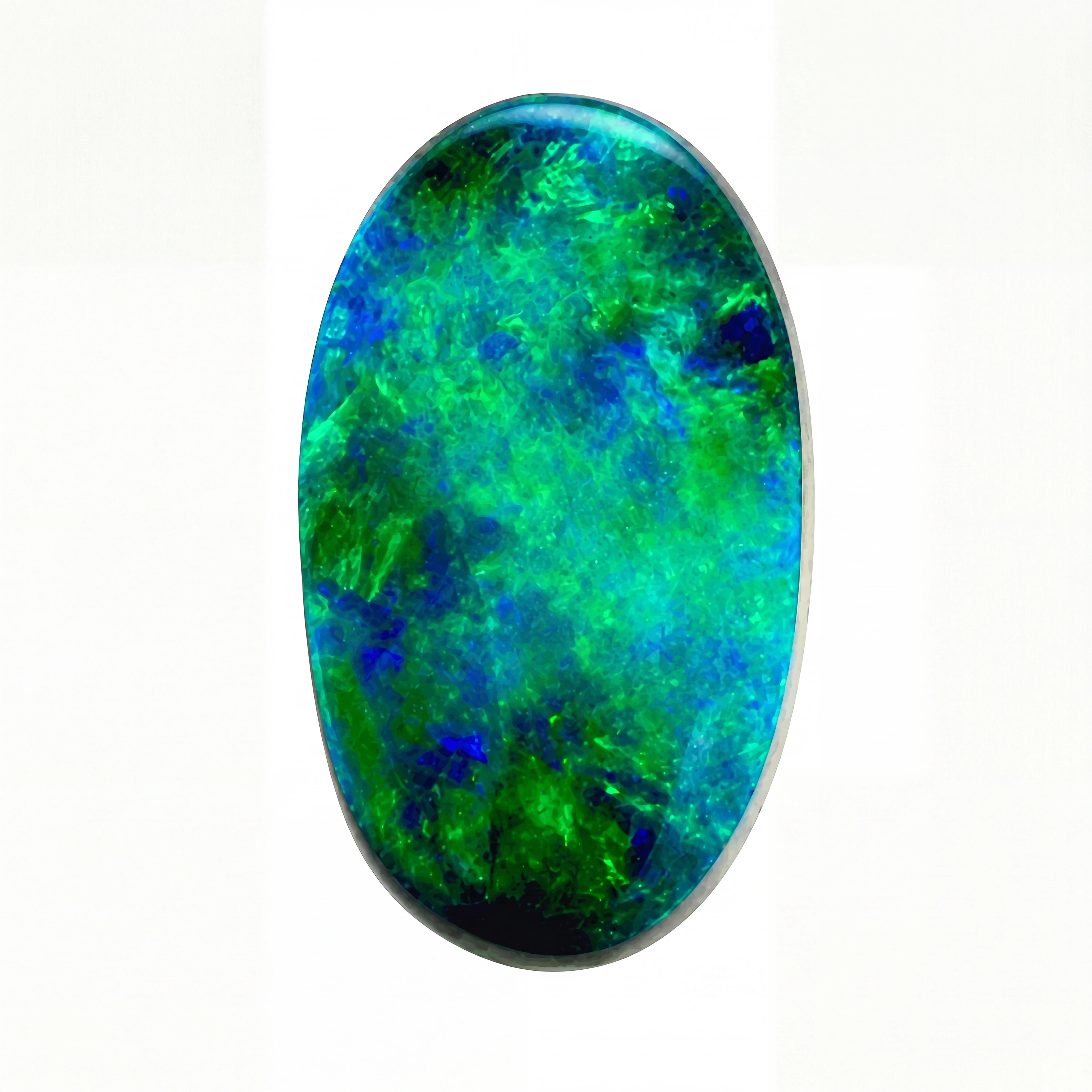 Oval-shaped opal stone with green and blue colours on a white background