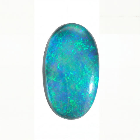 Oval-shaped opal stone with multicolour play on a white background