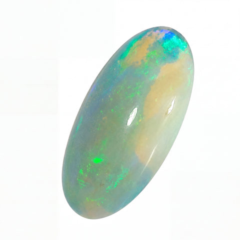 Opal stone with multicoloured play of colours on a white background