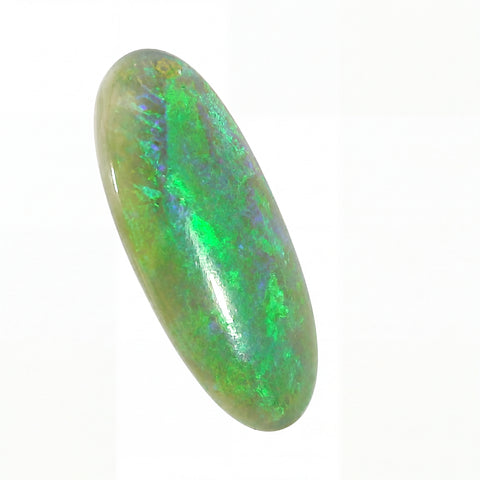Oval-shaped opal stone with green and blue fluorescence on a white background