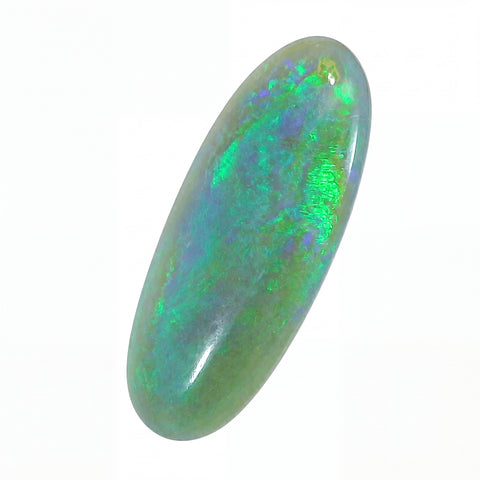 Oval-shaped opal stone with multicolour play of light on a white background