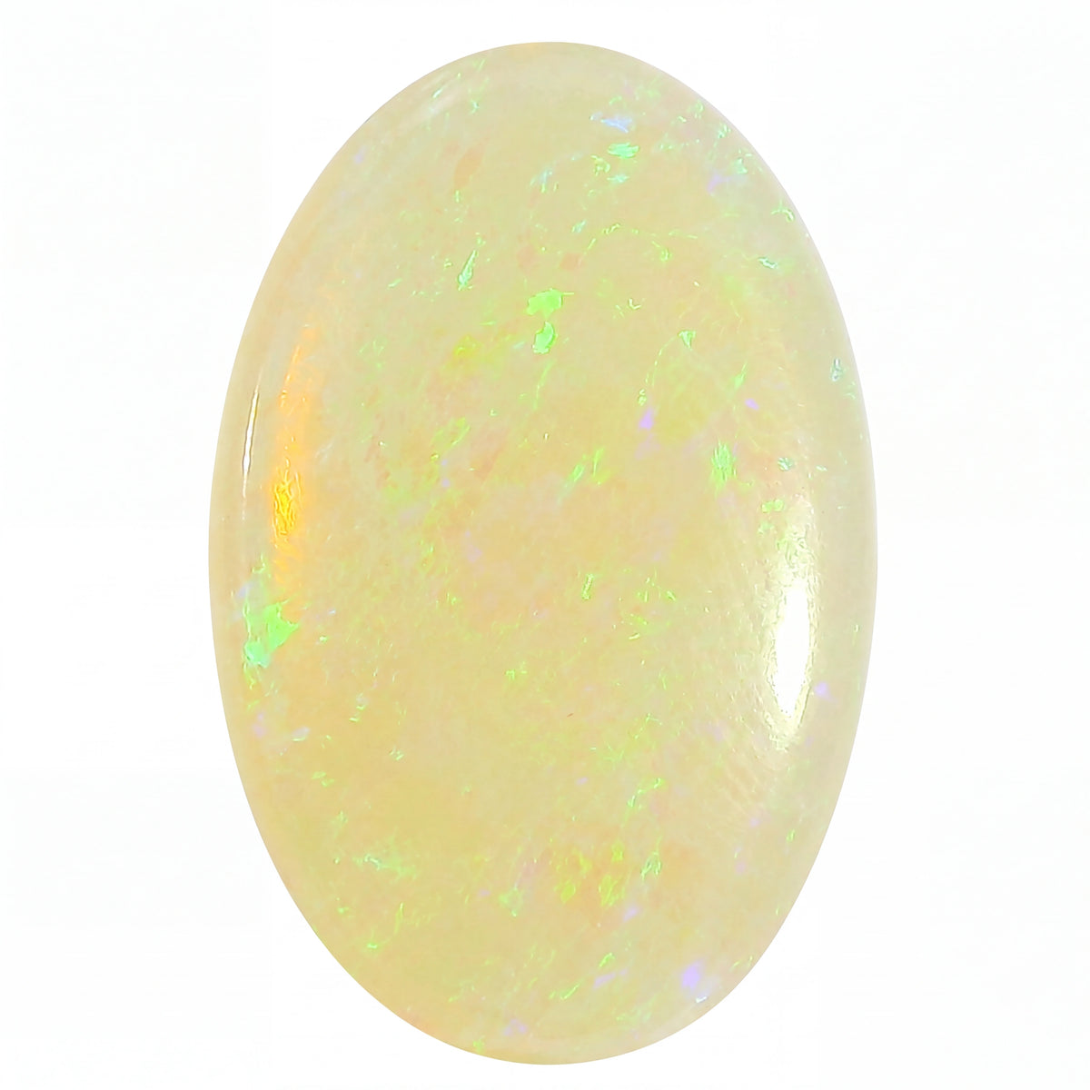 Opal stone with a bright yellow colour and speckled pattern on a white background