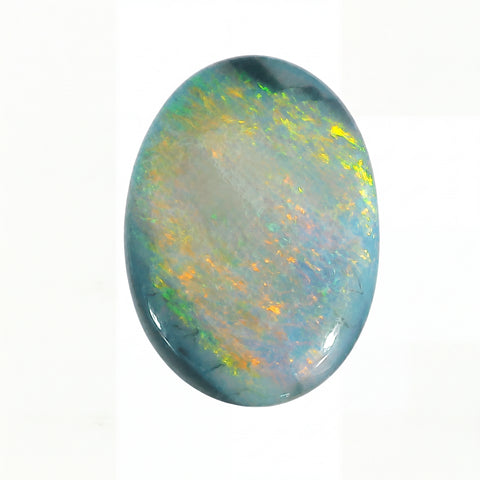 Opal stone with multicoloured play of colours on a white background