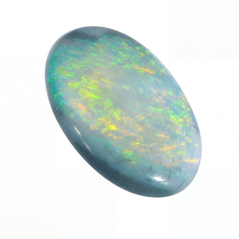 Opal stone with multicoloured play of light on a white background
