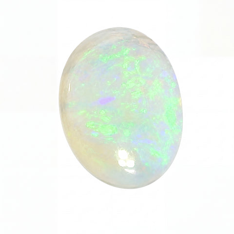 Opal stone with multicoloured play of light on a white background