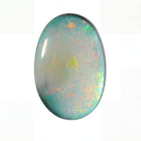 Oval-shaped opal gemstone with multicolour play of light on a white background
