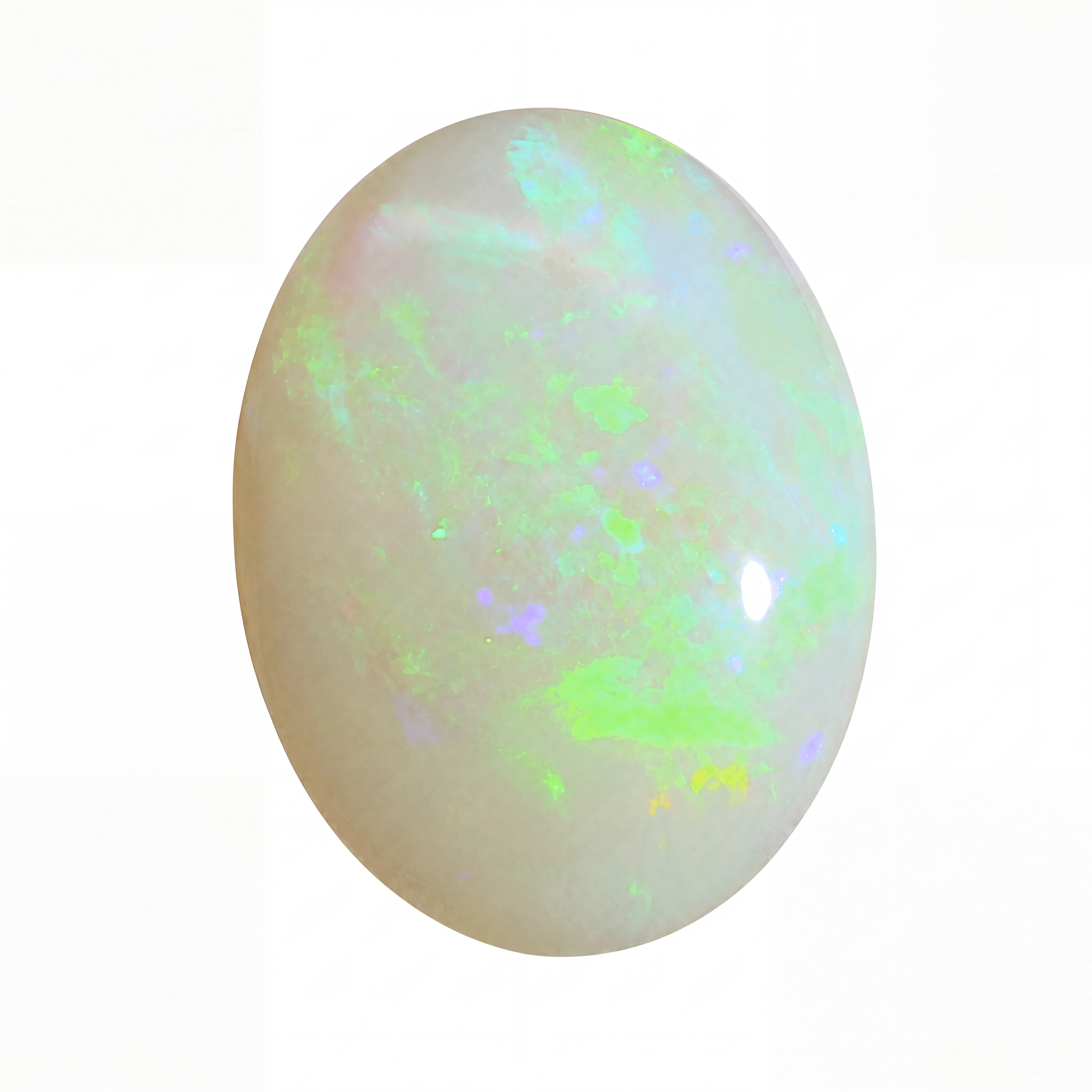 Opal stone with multicoloured play of light on a white background