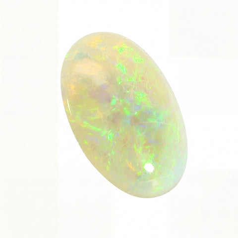 Opal stone with multicoloured play of colours on a white background