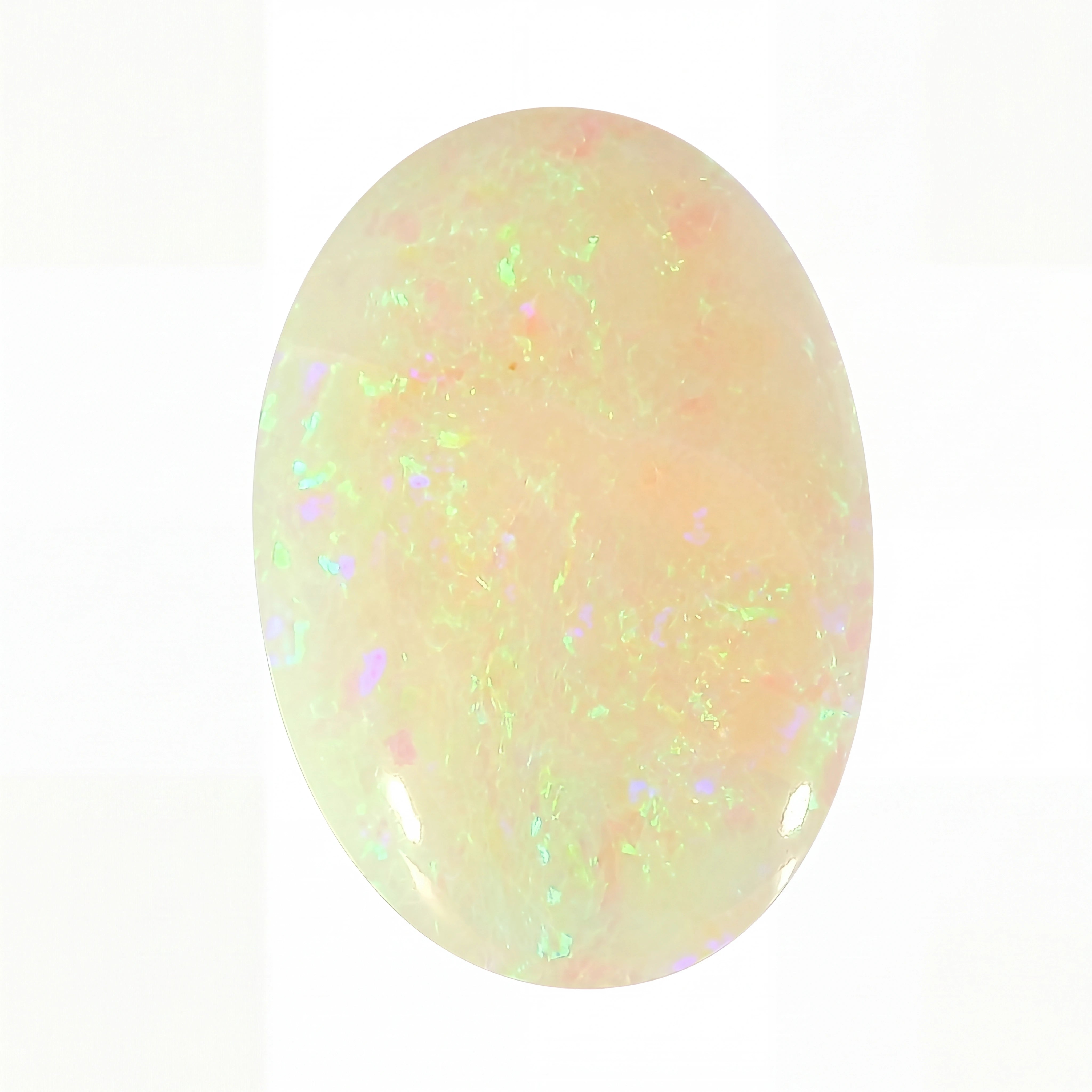 Opal stone with multicoloured play of light on a white background
