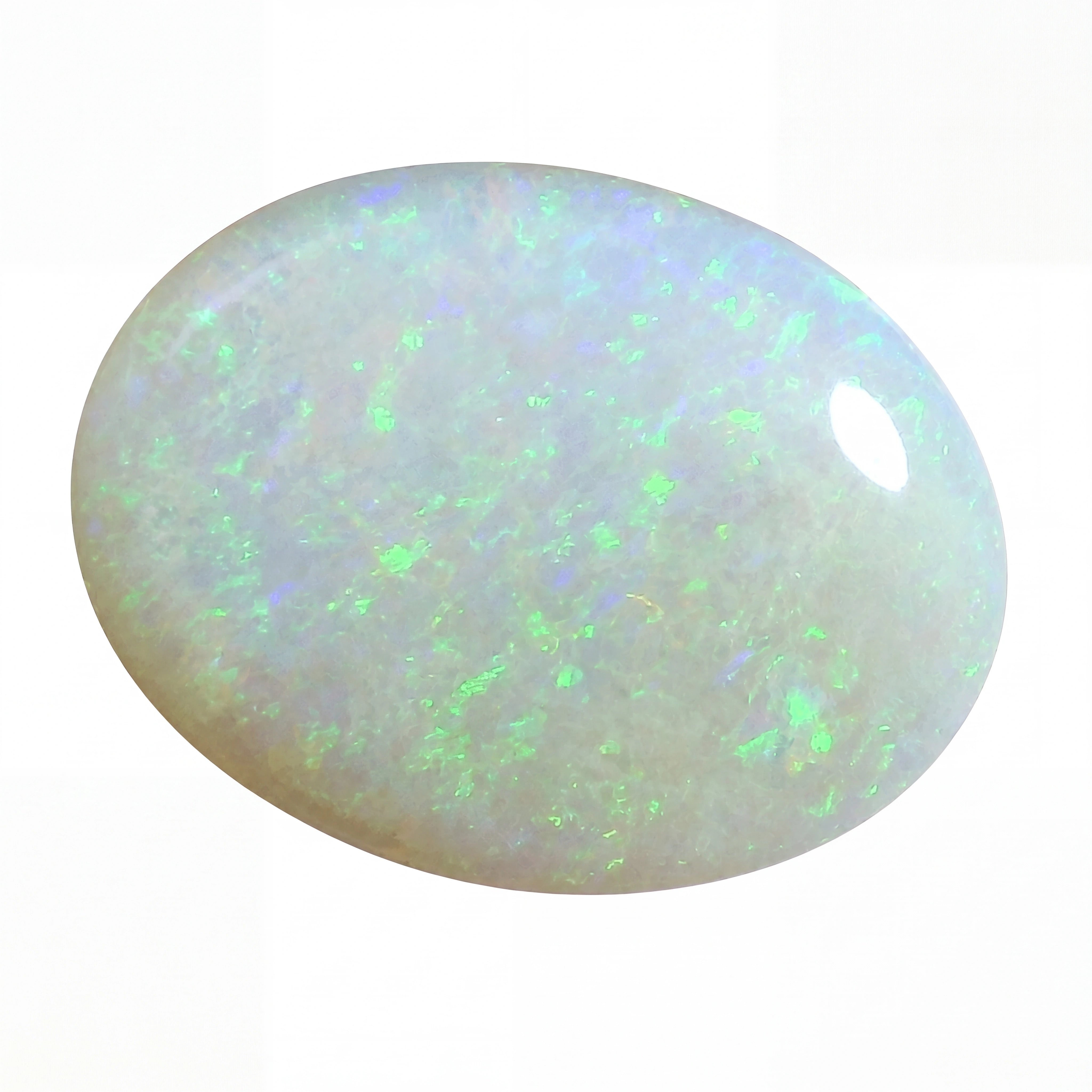 Opal stone with green and blue fluorescence on a white background