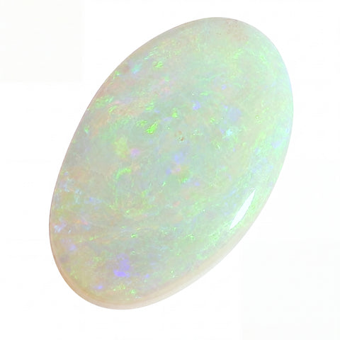 Opal stone with multicoloured play of light on a white background