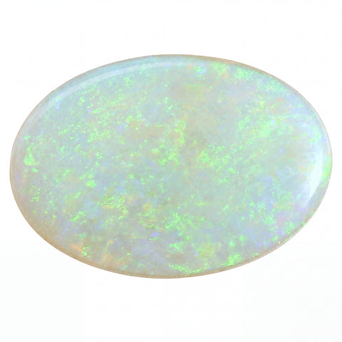 Oval-shaped opal stone with multicolour play of light on a white background