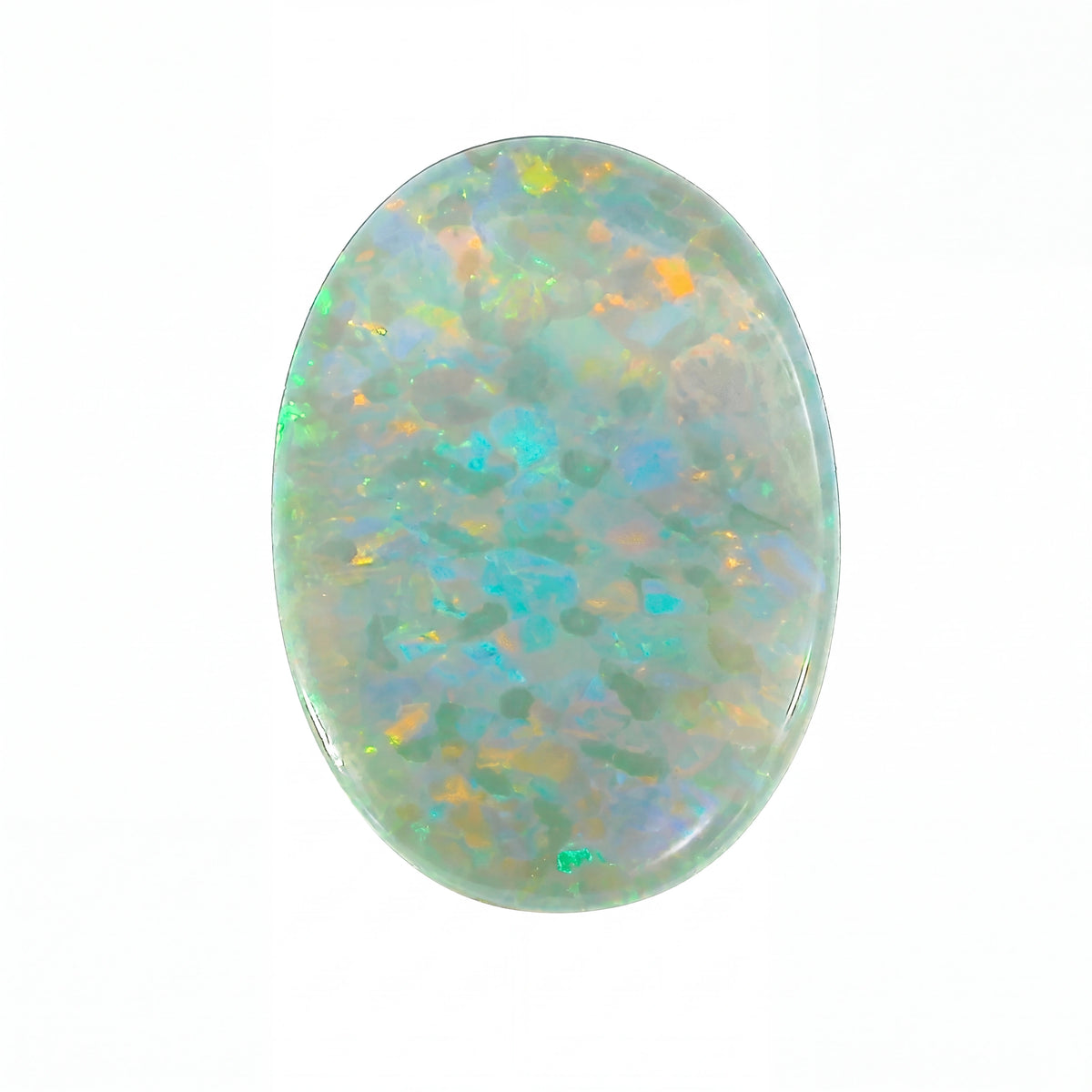 Opal stone with multicoloured speckles on a white background