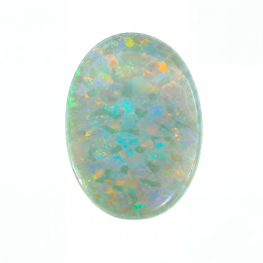 Opal stone with multicoloured speckles on a white background