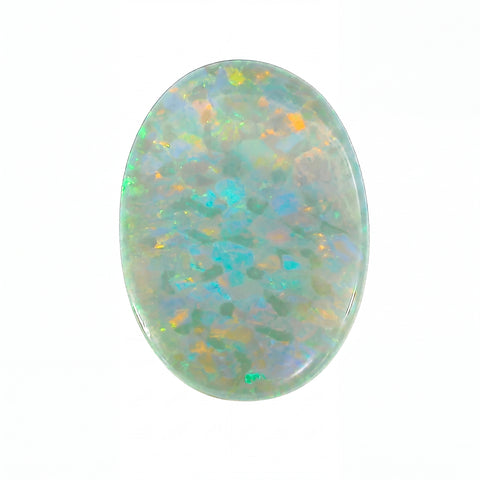 Opal stone with multicoloured speckles on a white background