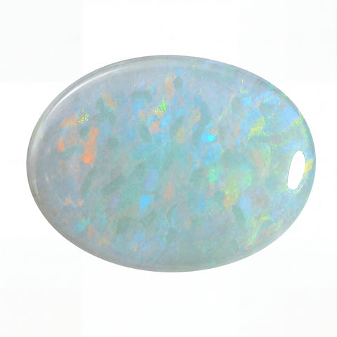 Opal stone with multicoloured iridescent patterns on a white background