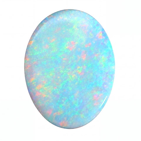 Oval-shaped opal stone with multicoloured play of light on a white background