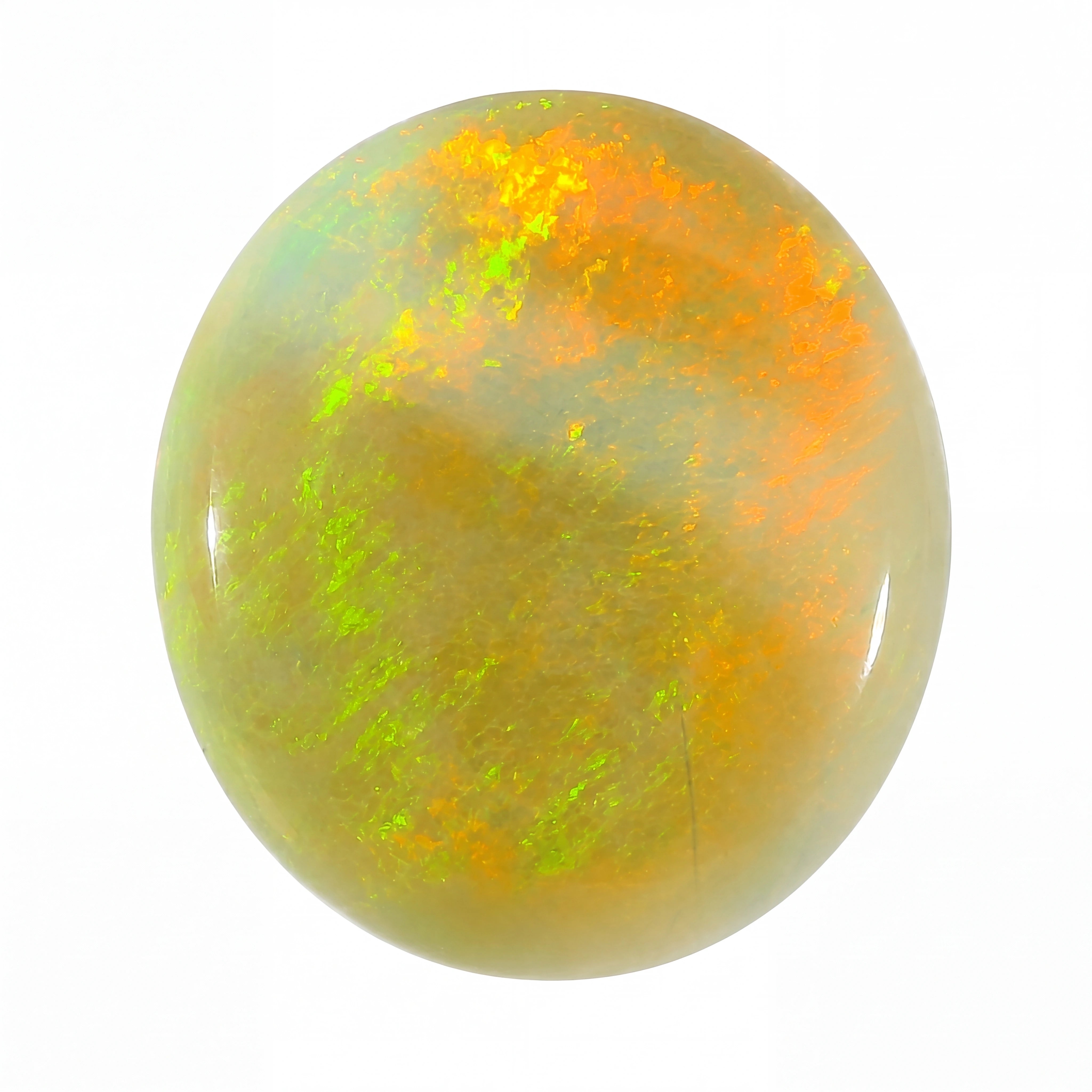 Opal stone with green and orange fluorescence on a white background