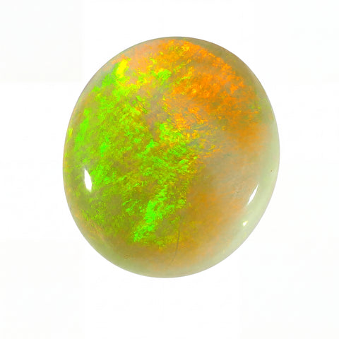 Round opal stone with green and orange fluorescence on a white background