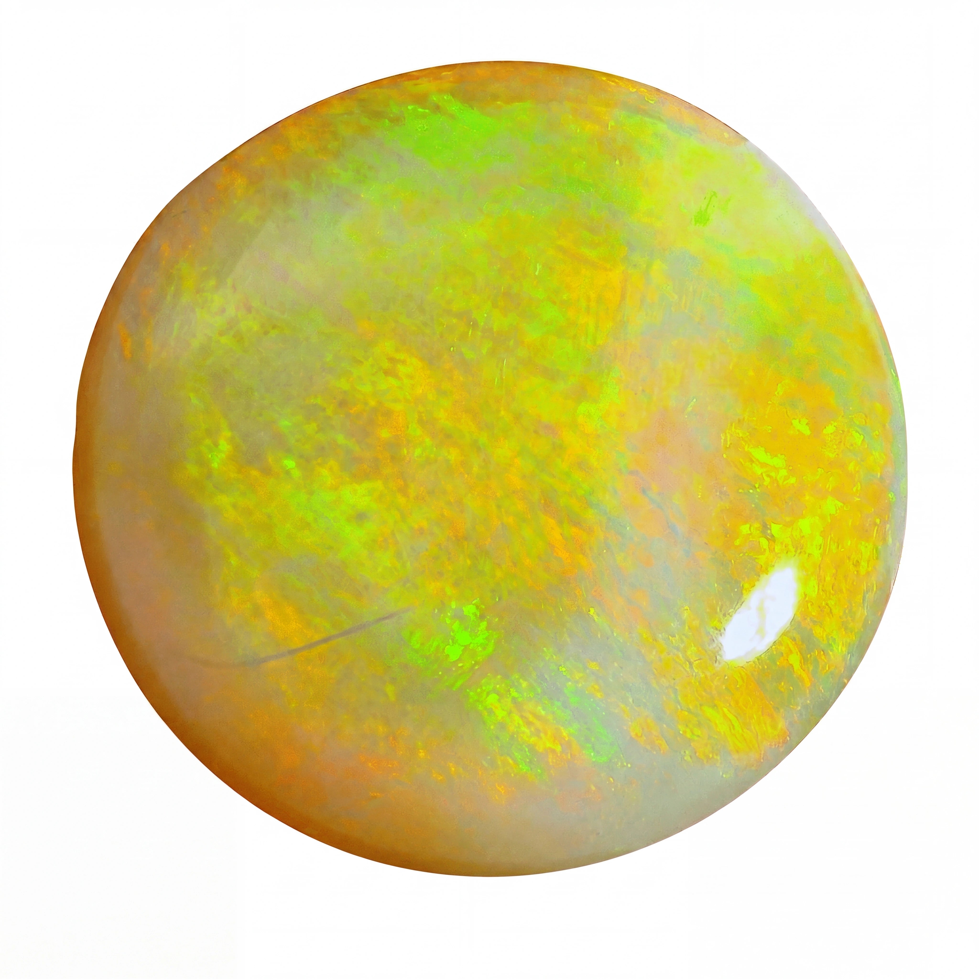 Round opal stone with multicoloured patterns on a white background