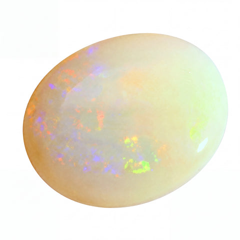 Opal stone with colourful play of light on a white background
