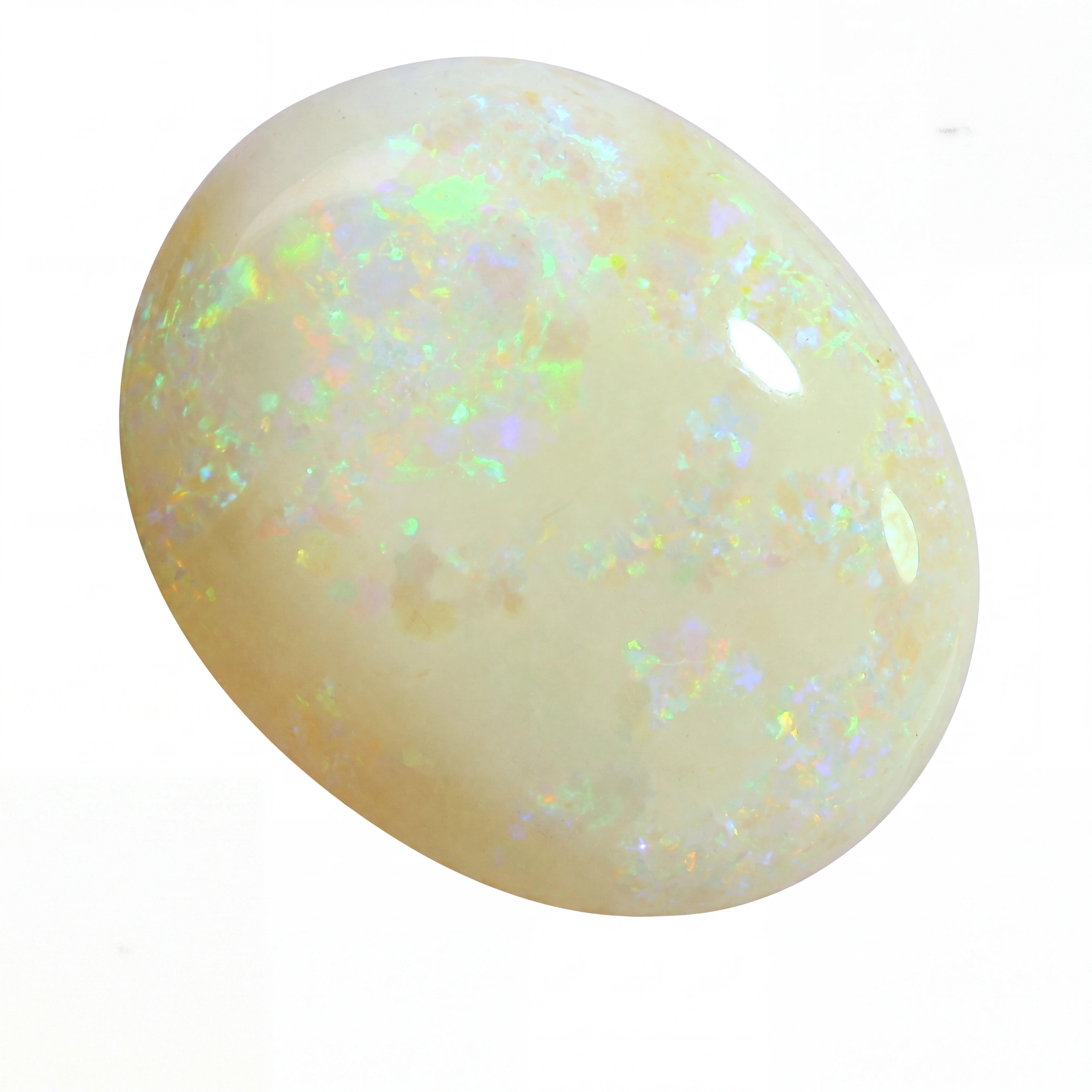 Opal stone with multicoloured flashes on a white background