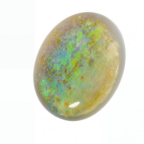 Polished opal stone with multicoloured patterns on a white background