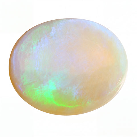 Opal gemstone with multicolour play of light on a white background