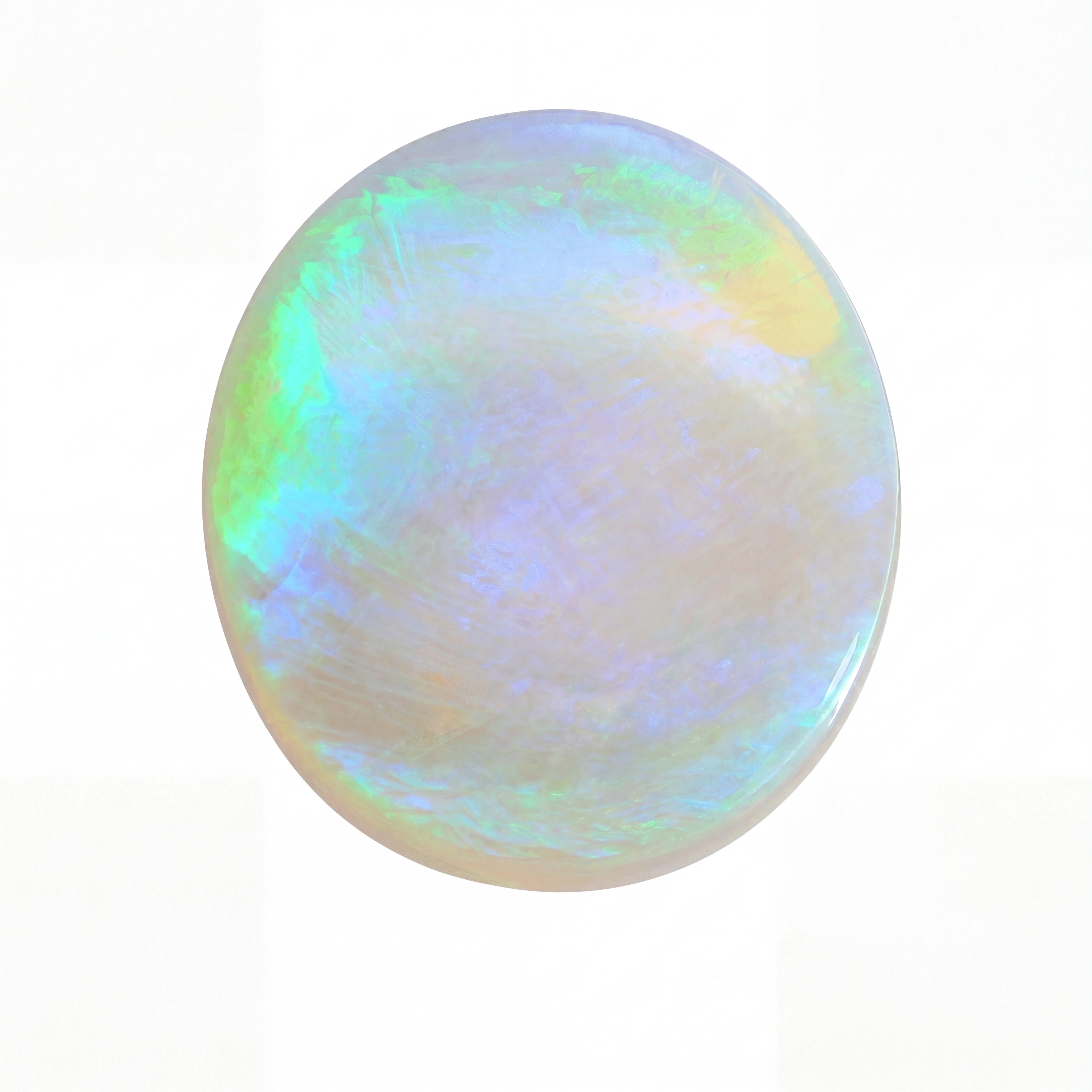 Round opal gemstone with multicolour play of light on a white background