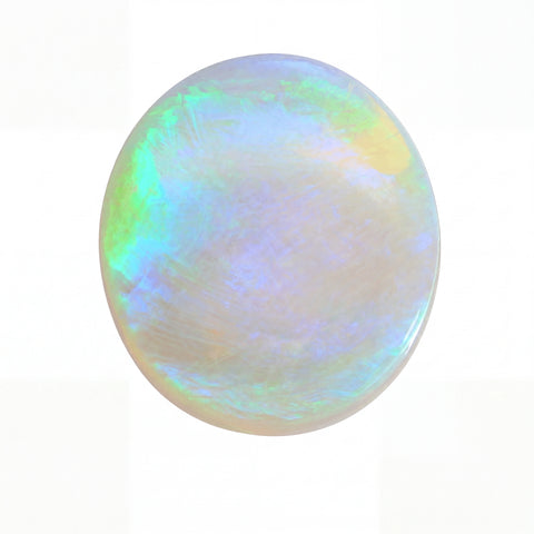 Round opal gemstone with multicolour play of light on a white background
