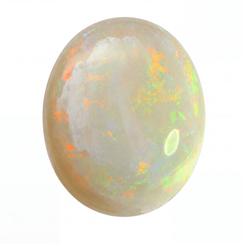 Opal gemstone with multicoloured play of light on a white background