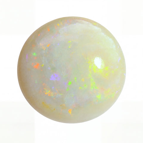 Opal gemstone with multicoloured flashes on a white background