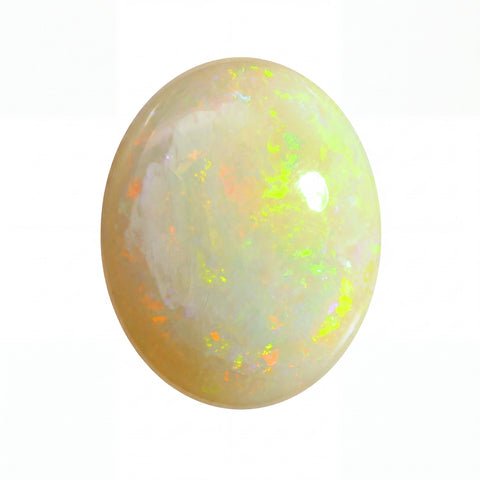 Opal stone with multicolour play of light on a white background